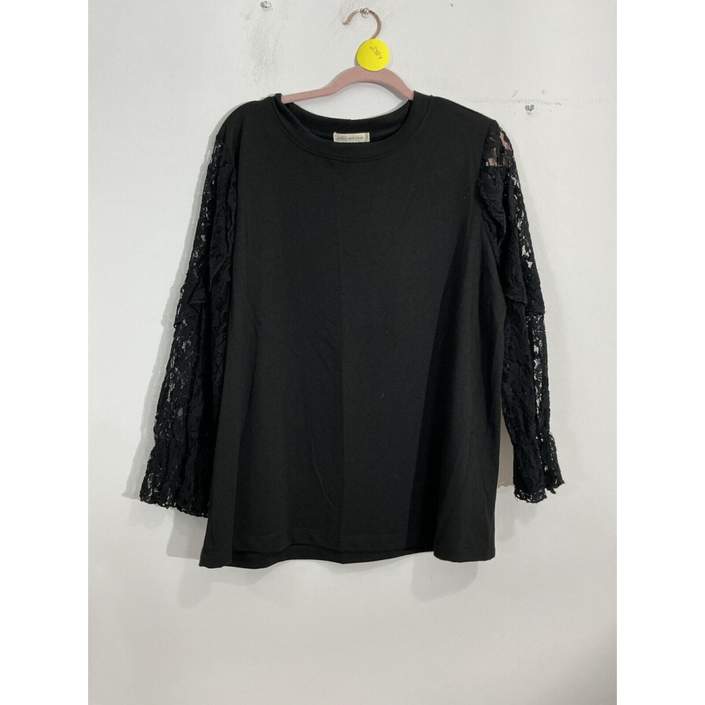 Womans Pebble & Stone Xl Black Pullover Sheer Lace Sleeves Crew Neck Blouse